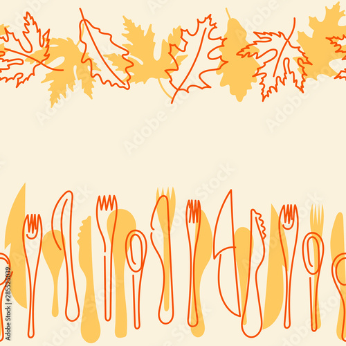 Seamless border. Cooking, autumn menu . Contour Cutlery and autumn leaves Kitchen utensils. Vector