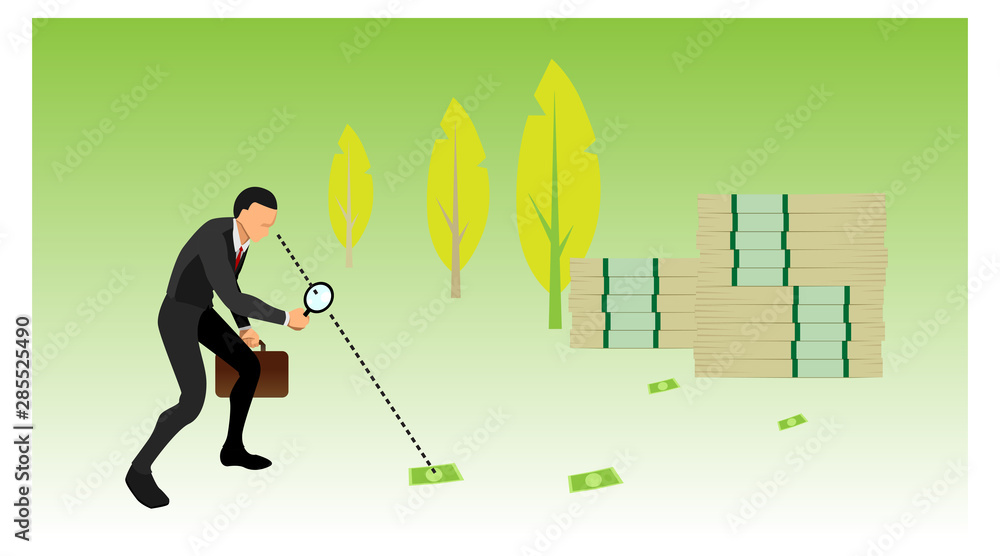 illustration of a businessman carrying bags and loops. identify traces of money.