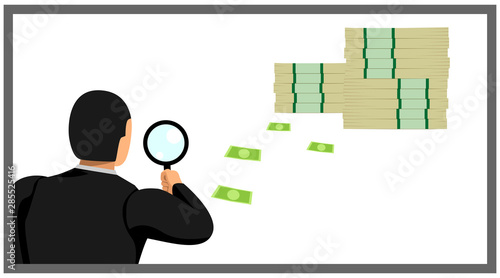 illustration of a businessman carrying a loop lens. identify traces of money.