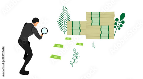illustration of a businessman carrying a loop lens. identify traces of money.