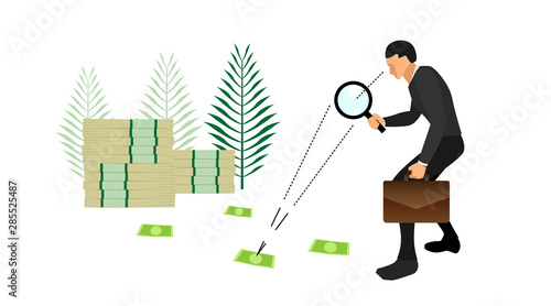 illustration of a businessman carrying bags and loops. identify traces of money.