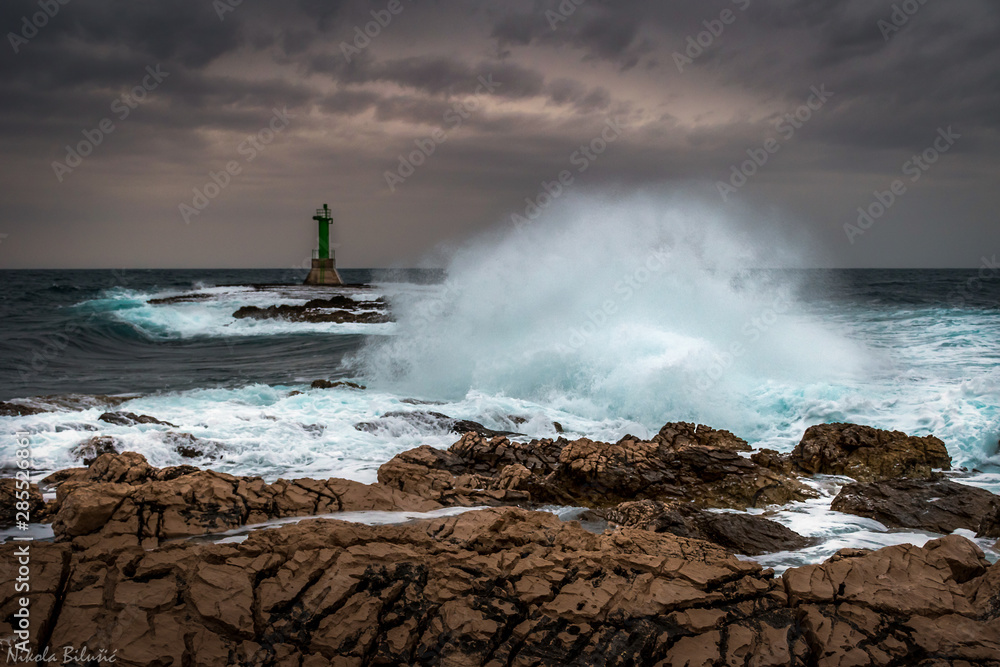Gale force SE wind and waves at Punta Planka lighthouse, Dalmatia, Croatia
