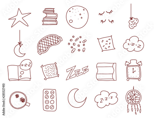 Insomnia thin line icons set. Outline sign of sleep. Icon collection. Simple insomnia black symbol isolated on white. Vector