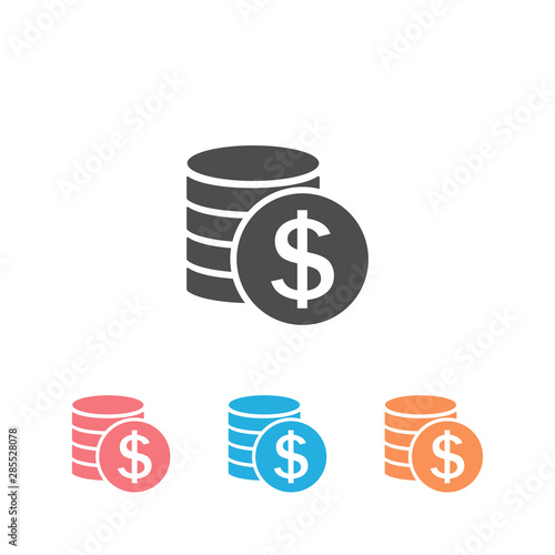 Money Icon Set Vector. Payment system. Coins and Dollar cent Sign isolated on white background. Flat design