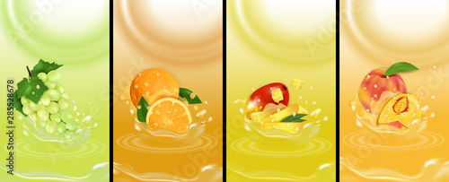 Set juice splash fresh fruits. Grape, Orange, Peach and Mango 3d realistic vector. Package design or poster, advertising.