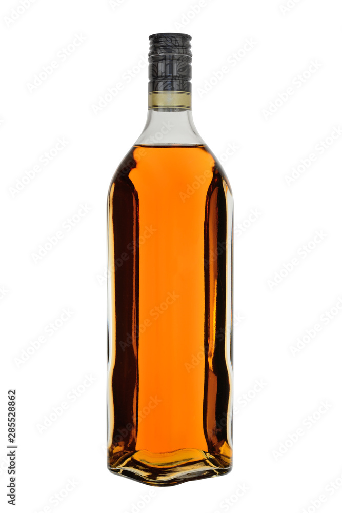 Glass bottle of whisky or brandy, extended shape, isolated on a white background Glass bottle of whisky or brandy, extended shape, isolated on a white background