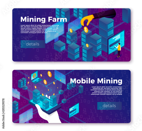 Vector cryptocurrency mobile mining farm banner templates set. Hand harvesting coins and phone making money. With place for your text.