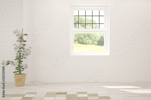 Stylish empty room in white color with summer landscape in window. Scandinavian interior design. 3D illustration