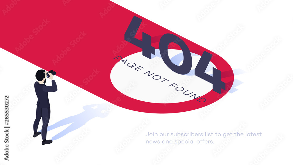 404 error page design concept. Isometric businessman looking with binoculars for 404 page. 404 error page design concept. Isometric businessman looking with binoculars for 404 page.