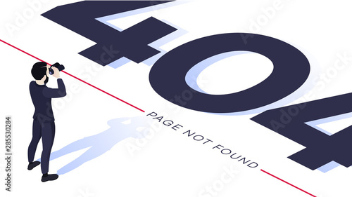 404 error page design concept. Isometric businessman looking with binoculars for 404 page.