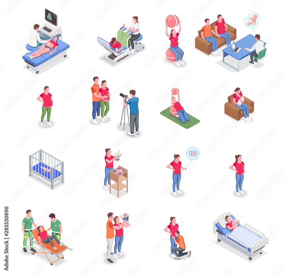Pregnancy Icons Isometric Set Pregnancy Icons Isometric Set
