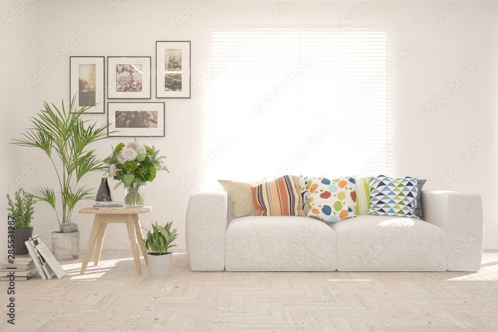 Fototapeta premium Stylish room in white color with sofa. Scandinavian interior design. 3D illustration