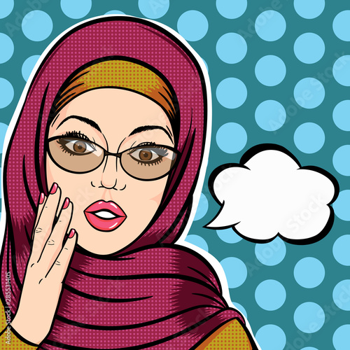 Young muslim woman in hijab shocked face with thought bubble, pop art comics style vector