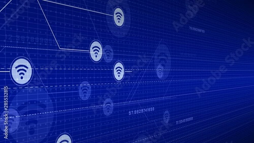 Digital Blue Interface with WIFI icons and links growing. Data protection and cyberspace media environment concept. Seamless loopable background.