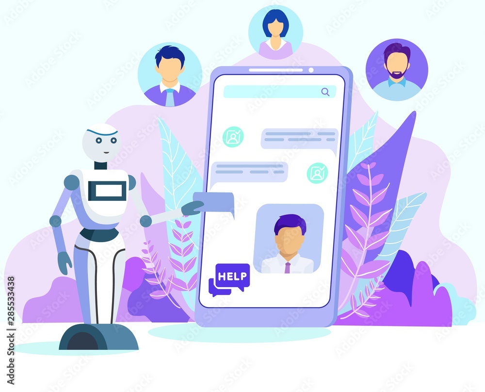 Cartoon Robot Help Customer on Mobile Phone Screen Stock Vector | Adobe  Stock