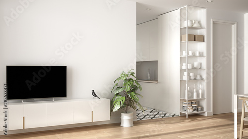 Fototapeta Naklejka Na Ścianę i Meble -  Modern white minimalist living room with small kitchen, parquet floor, tv cabinet, potted plant. Scandinavian colored tiles and decors, architecture interior design concept idea