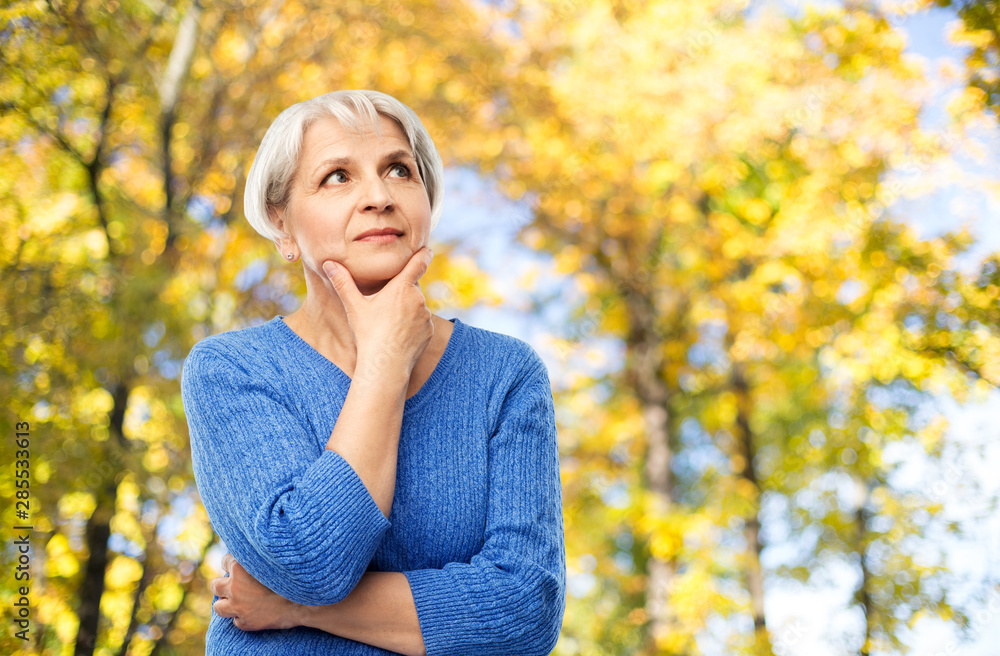 old people and decision making concept - portrait of senior woman in blue sweater thinking over autumn park background old people and decision making concept - portrait of senior woman in blue sweater thinking over autumn park background