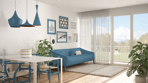 Fototapeta Naklejka Na Ścianę i Meble -  Warm and confortable colored white and blue living room with dining table, sofa and fur carpet, potted plant and parquet floor, contemporary architecture interior design