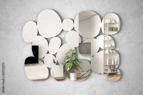 Modern mirror in the shape of pebbles hanging on the wall reflecting interior design scene, bright white and wooden living room, minimalist architect designer concept idea © ArchiVIZ