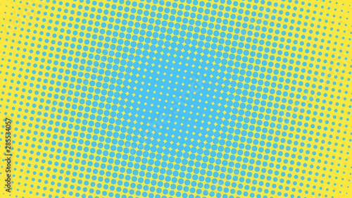 Blue and yellow retro comic pop art background with halftone dots design, vector illustration template