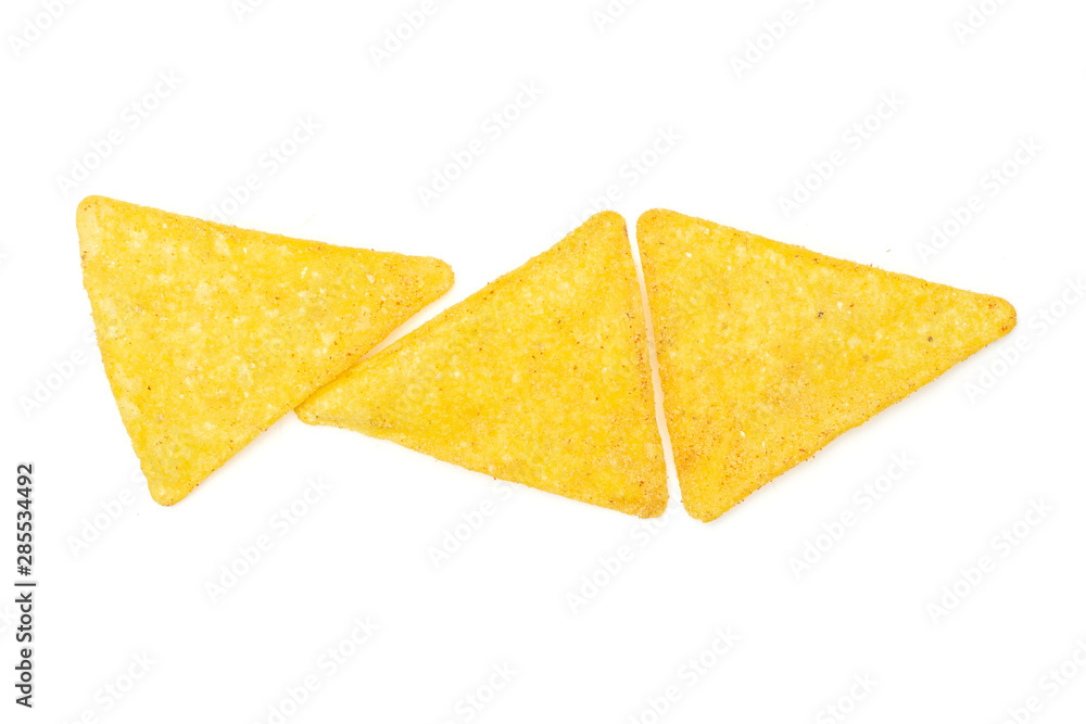 Group of three whole cheese tortilla chips flatlay isolated on white background Group of three whole cheese tortilla chips flatlay isolated on white background