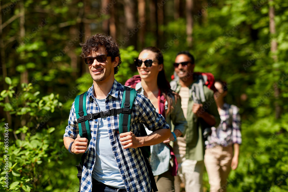 travel, tourism, hike and people concept - group of friends walking with backpacks in forest travel, tourism, hike and people concept - group of friends walking with backpacks in forest