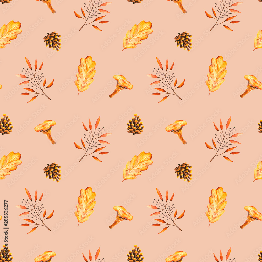 Seamless pattern with watercolor sprigs, leaves, pine cone, mushroom. Illustration isolated. Hand drawn autumn items perfect for wallpaper, poster, vintage design, print, fabric textile, postcard Seamless pattern with watercolor sprigs, leaves, pine cone, mushroom. Illustration isolated. Hand drawn autumn items perfect for wallpaper, poster, vintage design, print, fabric textile, postcard