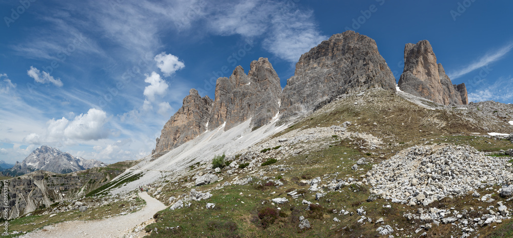 Panoramic view on Tre Cime, Italy. Trail to Rifugio Auronzo