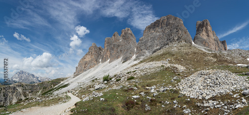 Panoramic view on Tre Cime, Italy. Trail to Rifugio Auronzo