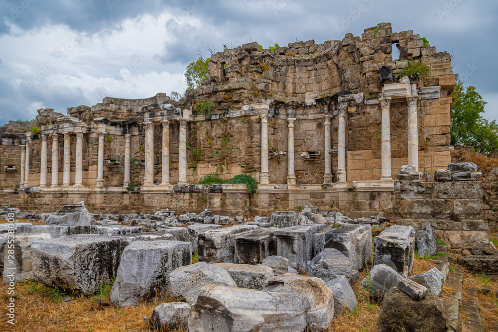 The ruins of agora in Side, Library, Antalya, Turkey