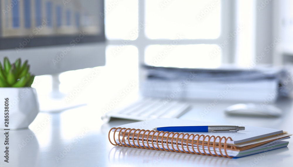 Workspace desktop, documents on the office table Workspace desktop, documents on the office table