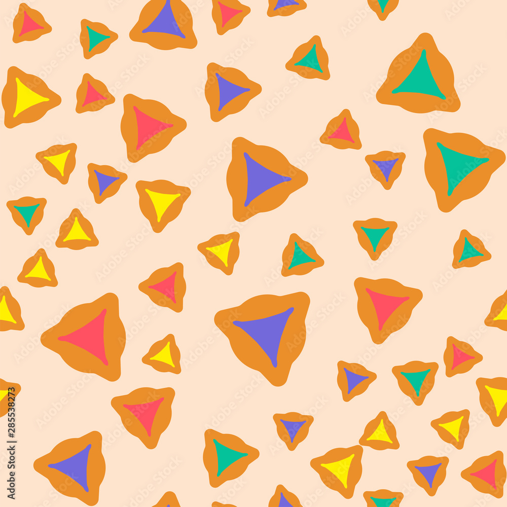 Purim seamless pattern with hamantaschen cookies in cartoon style. Textile ornament with hamantaschen cookies on light background. Design for the decoration of the Jewish holiday of Purim. Purim seamless pattern with hamantaschen cookies in cartoon style. Textile ornament with hamantaschen cookies on light background. Design for the decoration of the Jewish holiday of Purim.