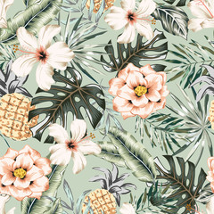 Keuken achterwand Ananas patronen Paradijselijke jungle met hibiscus en ananas  © ojardin