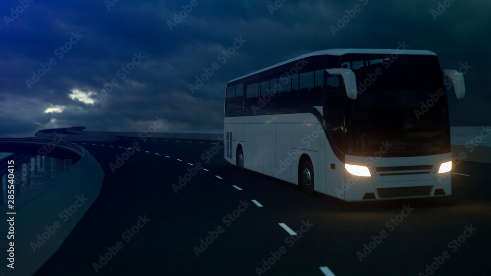 Tourist white bus driving on the bridge under an ominous cloudy sky. 3d Rendering Tourist white bus driving on the bridge under an ominous cloudy sky. 3d Rendering