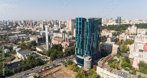 aerial view of the city with glass building