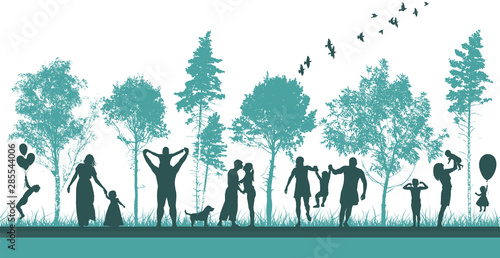 Silhouettes of people in nature. Happy families together. Vector