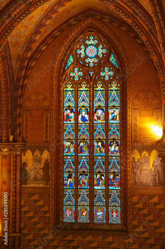Stained glass window in Roman Catholic Matthias Church. Budapest, Hungary