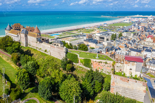 Aerial view of Dieppe town, the fishing port on the English Channel, at the mouth of Arques river. On a clifftop overlooking pebbly Dieppe Beach is the centuries-old Chateau de Dieppe, now the museum