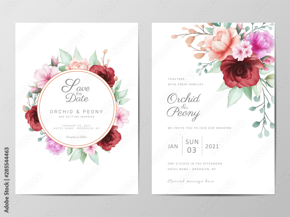 Wedding invitation cards template set with watercolor flowers arrangement. Floral decoration Save the Date, Invitation, Greeting, Thank You, RSVP cards vector