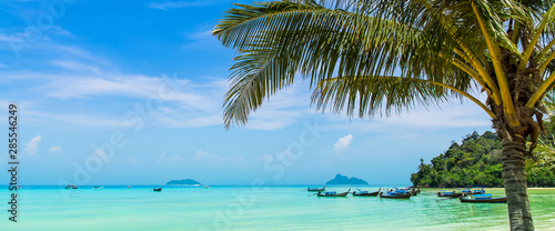 Amazing view of beautiful beach with traditional thailand longtale boats and palm tree. Location: Ko Phi Phi Don island, Krabi province, Thailand, Andaman Sea. Artistic picture. Beauty world.