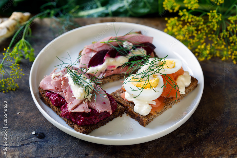 Selection of Scandinavian open sandwiches Selection of Scandinavian open sandwiches