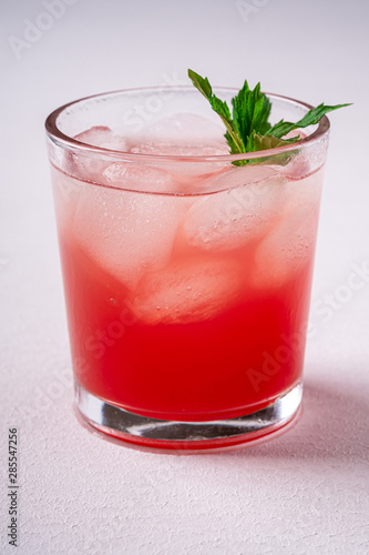 Fresh cold watermelon juice with ice cubes and green mint leaf in glass drink on white background  copy space  angle view