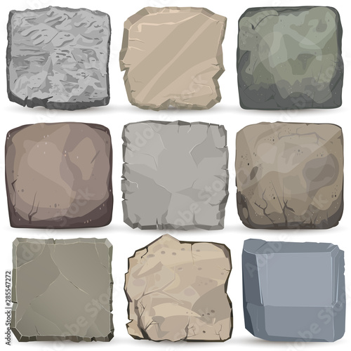 Rock stone cartoon banner set. Square stone panel. Big boulder flat style. Vector