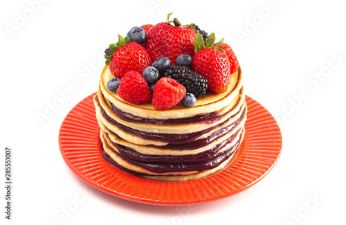 Berry Pancakes with Compote Spread Isolated on a White Background