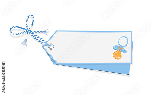 Baby blanko Karte mit Schnuller und Schleife in blau, Vektor Illustration isoliert auf weißem Hintergrund