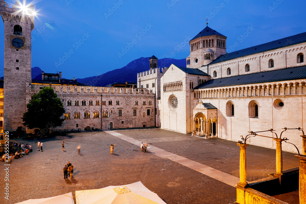 Trento (Italy) - Nightscape of San Vigilio Cathedral, a Roman Catholic cathedral in Trento, northern Italy