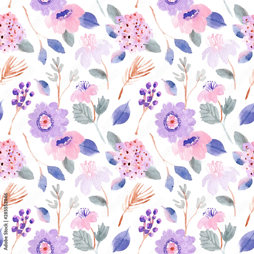 Fototapeta premium purple pink pastel floral watercolor seamless pattern