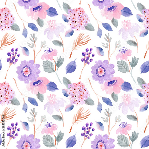 purple pink pastel floral watercolor seamless pattern