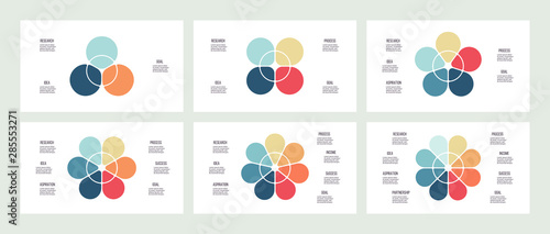 Business infographics. Pie charts with 3, 4, 5 , 6, 7, 8 sections. Vector template.