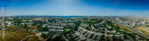 Aerial view of Jewish residential single family home neighborhoods on French Hill or Givaat Tzarfatit in Northern Jerusalem with Hadassah hospital
